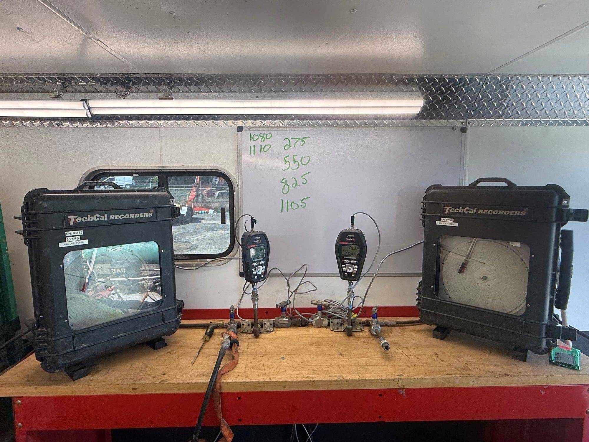 Bench inside the mobile testing unit with two chart recorders and two Crystal digital loggers rigged to a test manifold